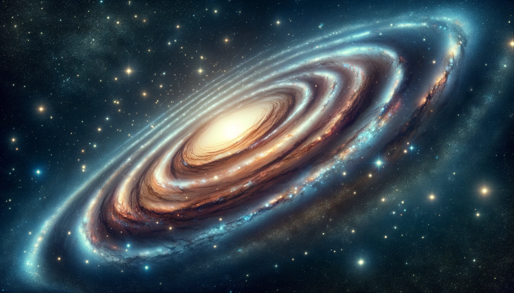  Una rappresentazione artistica della galassia di Andromeda con i suoi bracci spiraleggianti luminosi